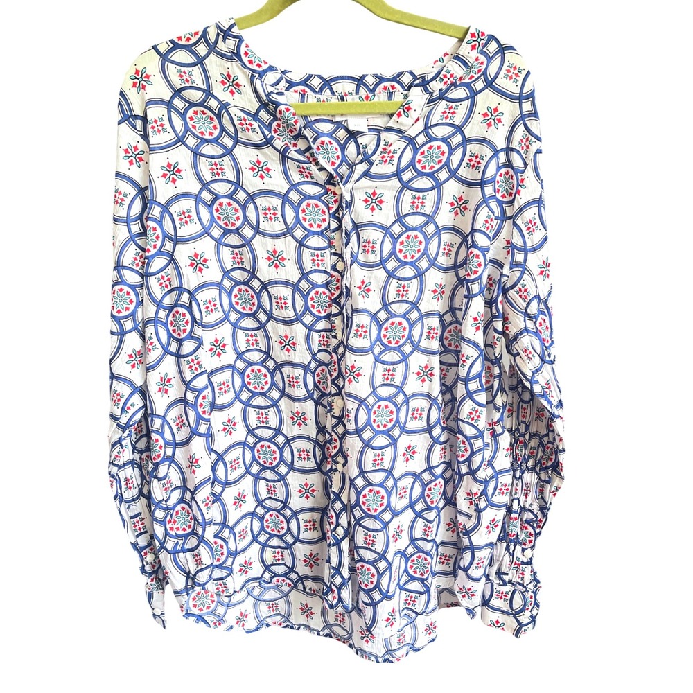 Liz Claiborne Blue Red Geometric Print Long Sleeve Button Front Blouse XXL
